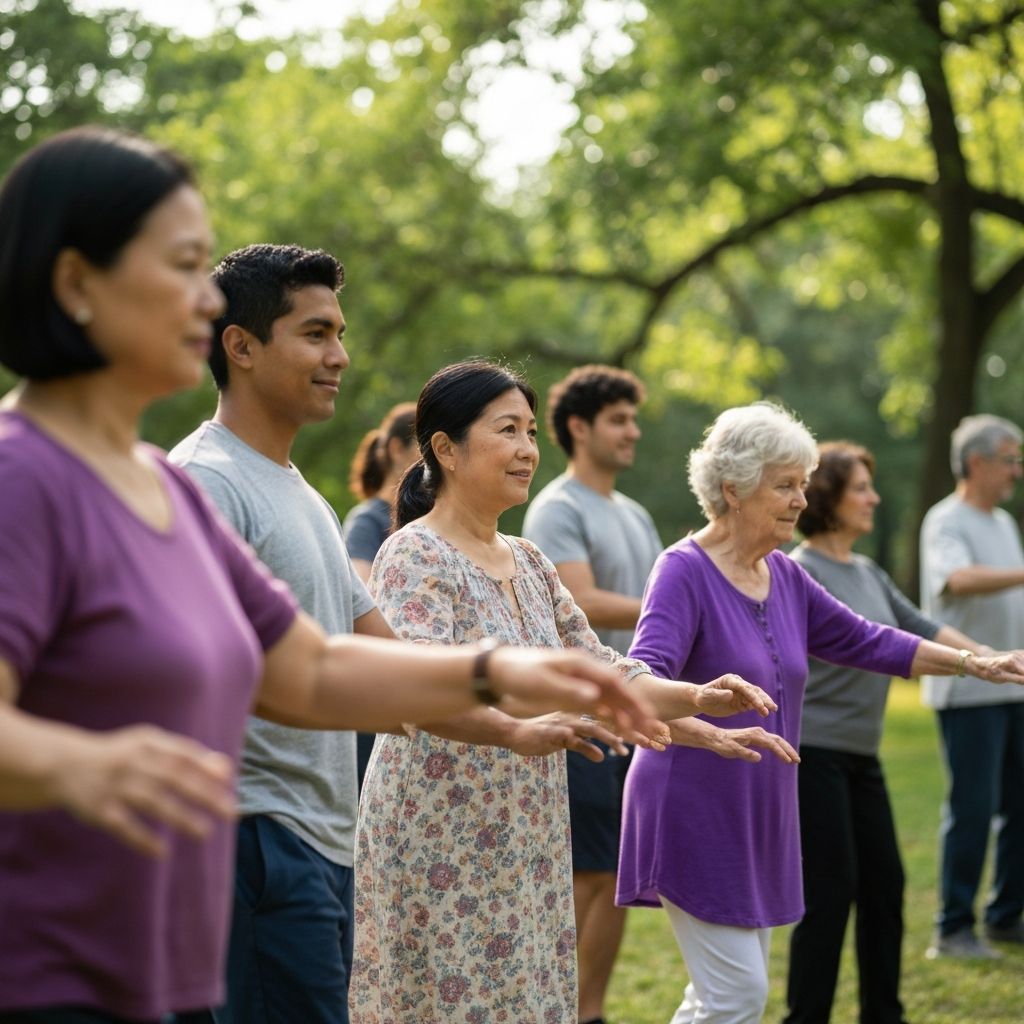 Group of diverse people practicing gentle movement in a park